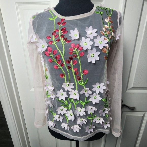 Zara Floral Applique Mesh Top S Sheer 3D Flowers Embroidered Boho Festival Fairy - Picture 6 of 15